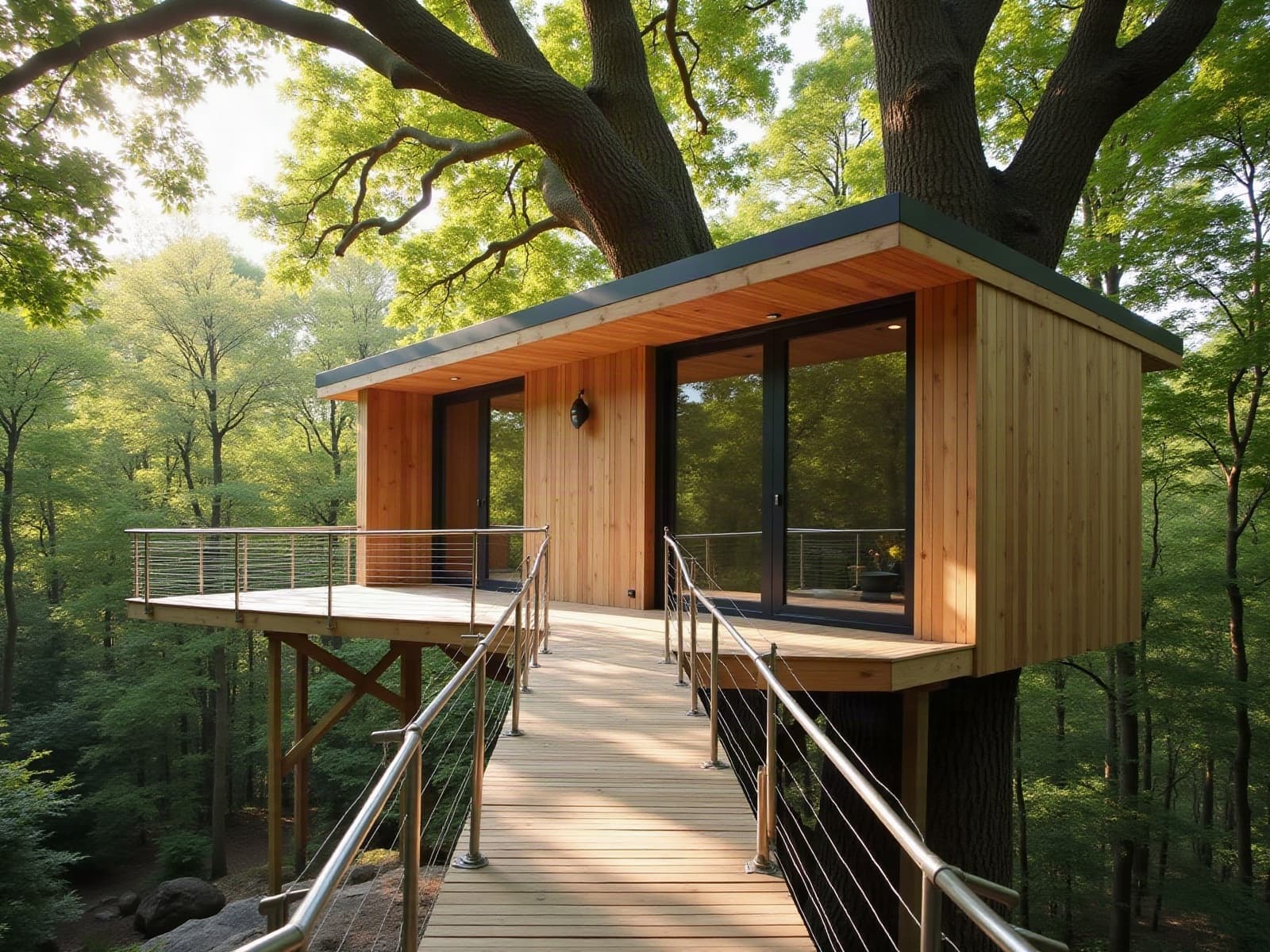 Passerelle en bois à garde-corps à câbles menant à une cabane perchée terminée, posée contre un grand chêne d'un bois du Périgord