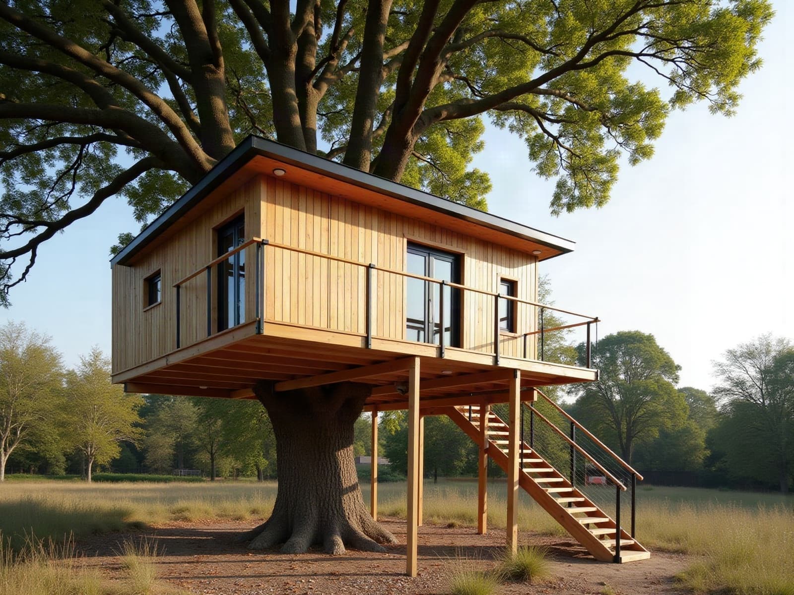 Cabane perchée contemporaine en bois appuyée sur un chêne et des poteaux au milieu d'un causse, escalier droit et garde-corps à câbles inox