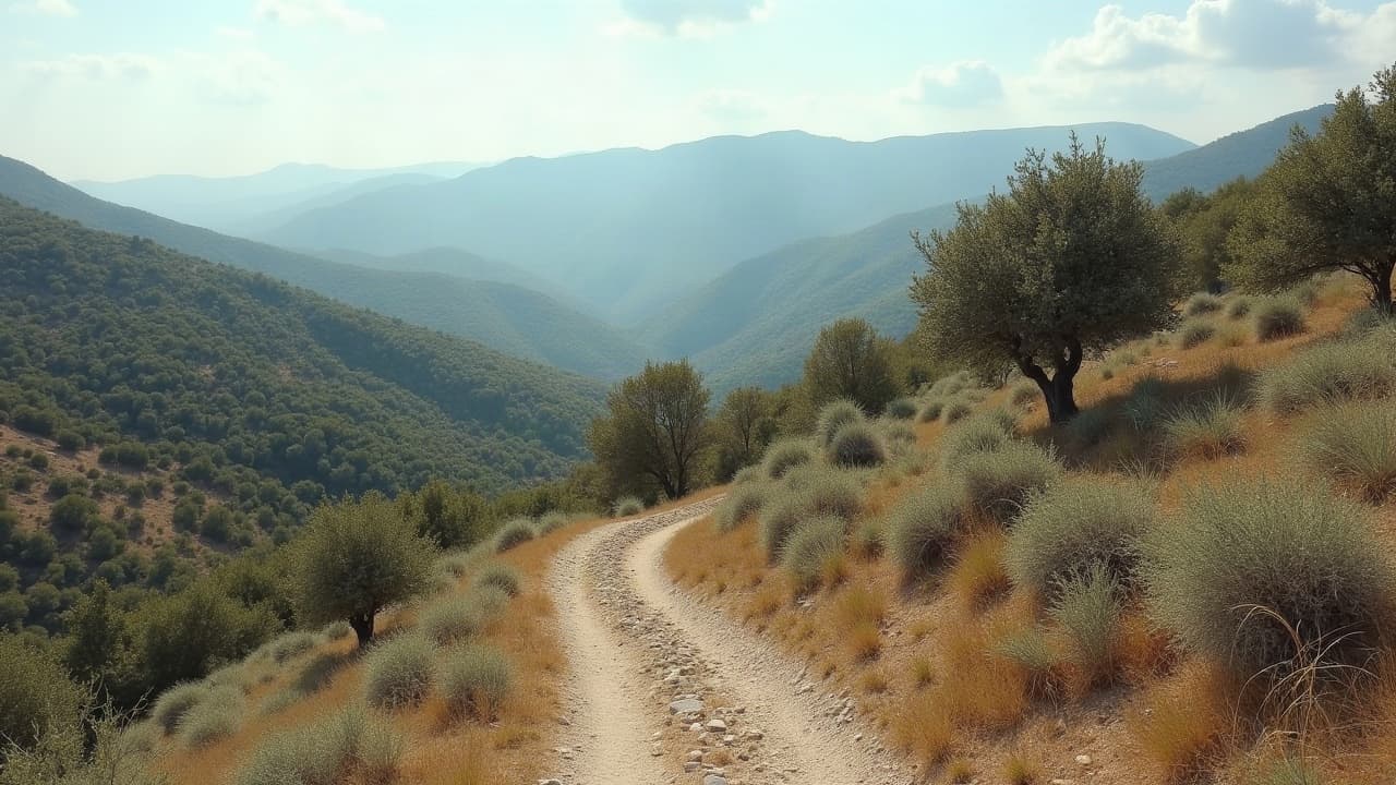 Chemin de garrigue entouré de chênes verts avec les contreforts des Cévennes en arrière-plan, Occitanie