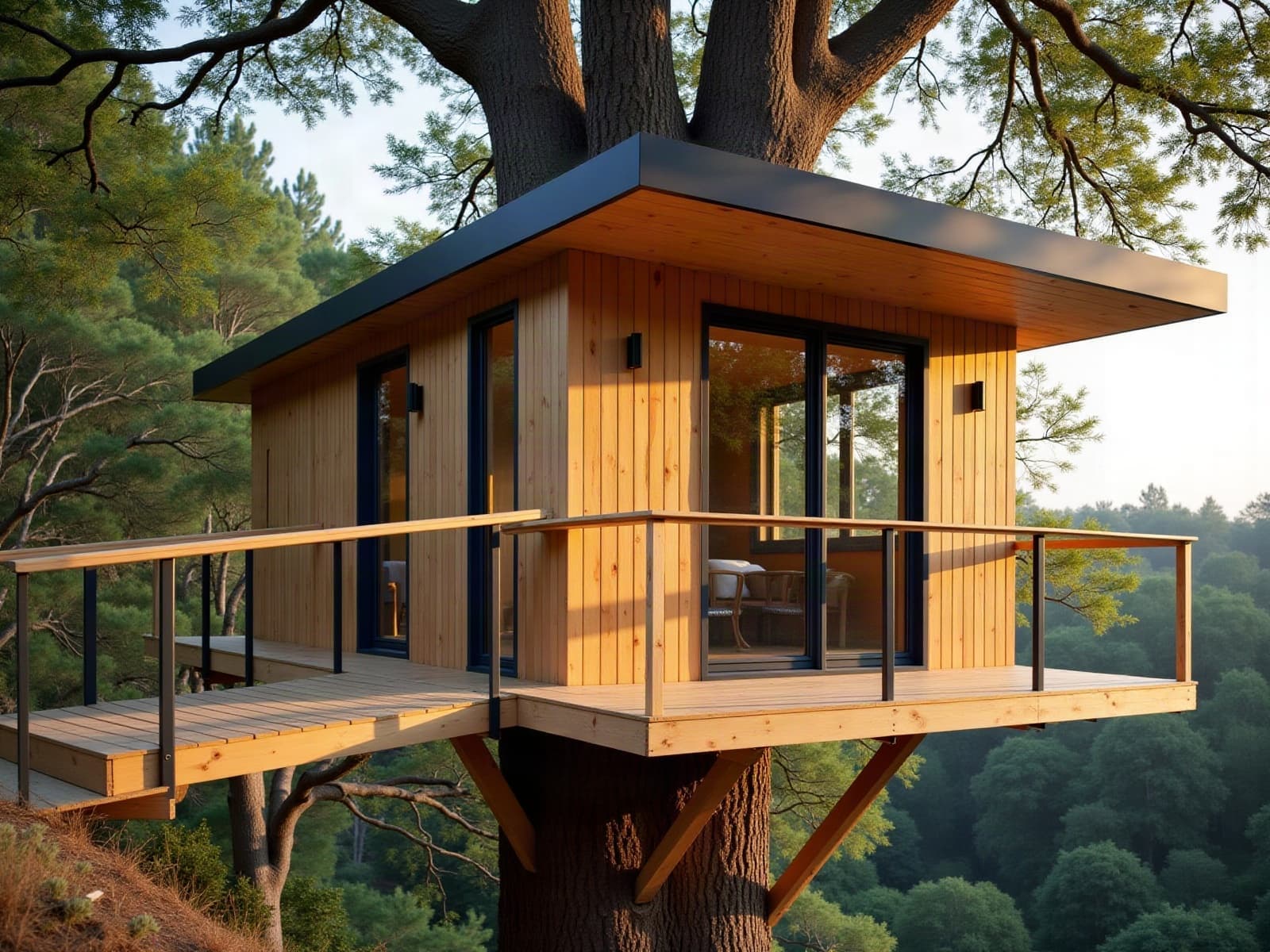 Cabane perchée en bois accrochée à un grand chêne d'une forêt cévenole, passerelle d'accès à garde-corps en bois et jambes de force