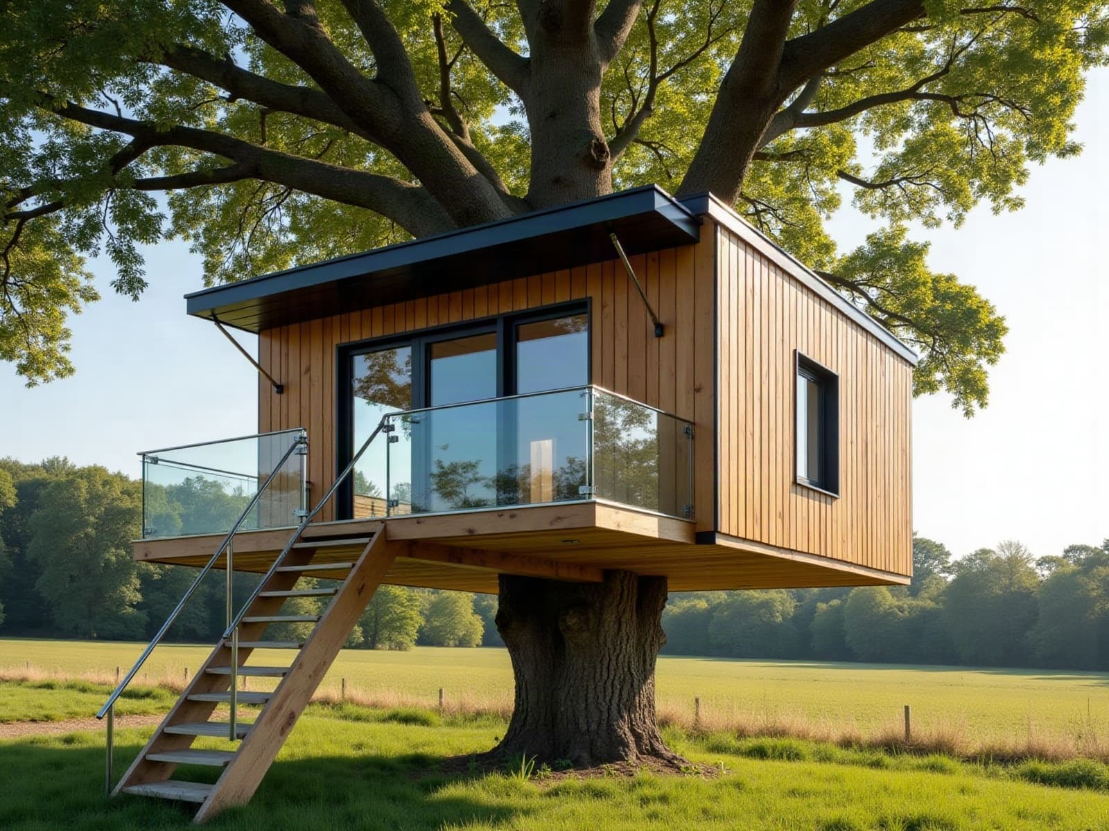 Cabane perchée contemporaine en bois portée par un grand chêne isolé dans le bocage, garde-corps vitré et escalier droit en bois