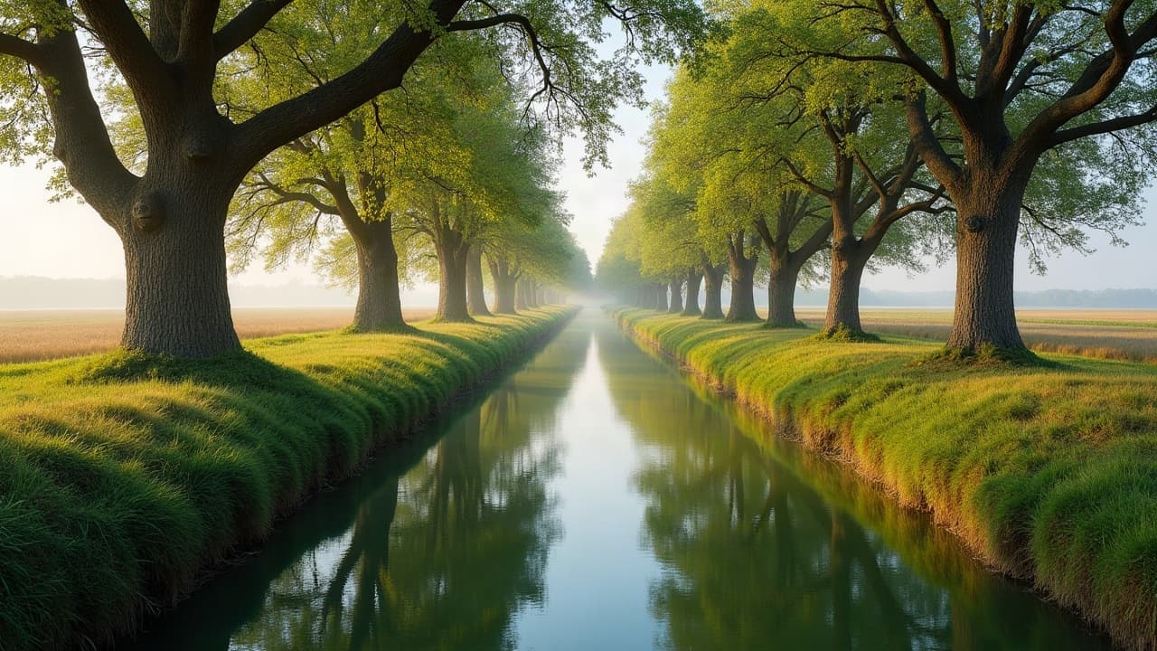 Canal bordé de chênes reflétant leur feuillage, à la lisière du Marais poitevin