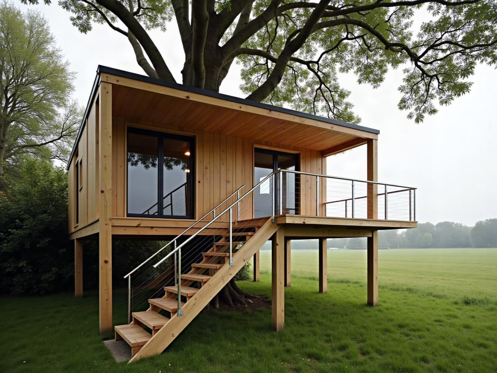 Cabane sur pilotis en bois terminée au bord d'une prairie humide, escalier droit et terrasse à câbles inox