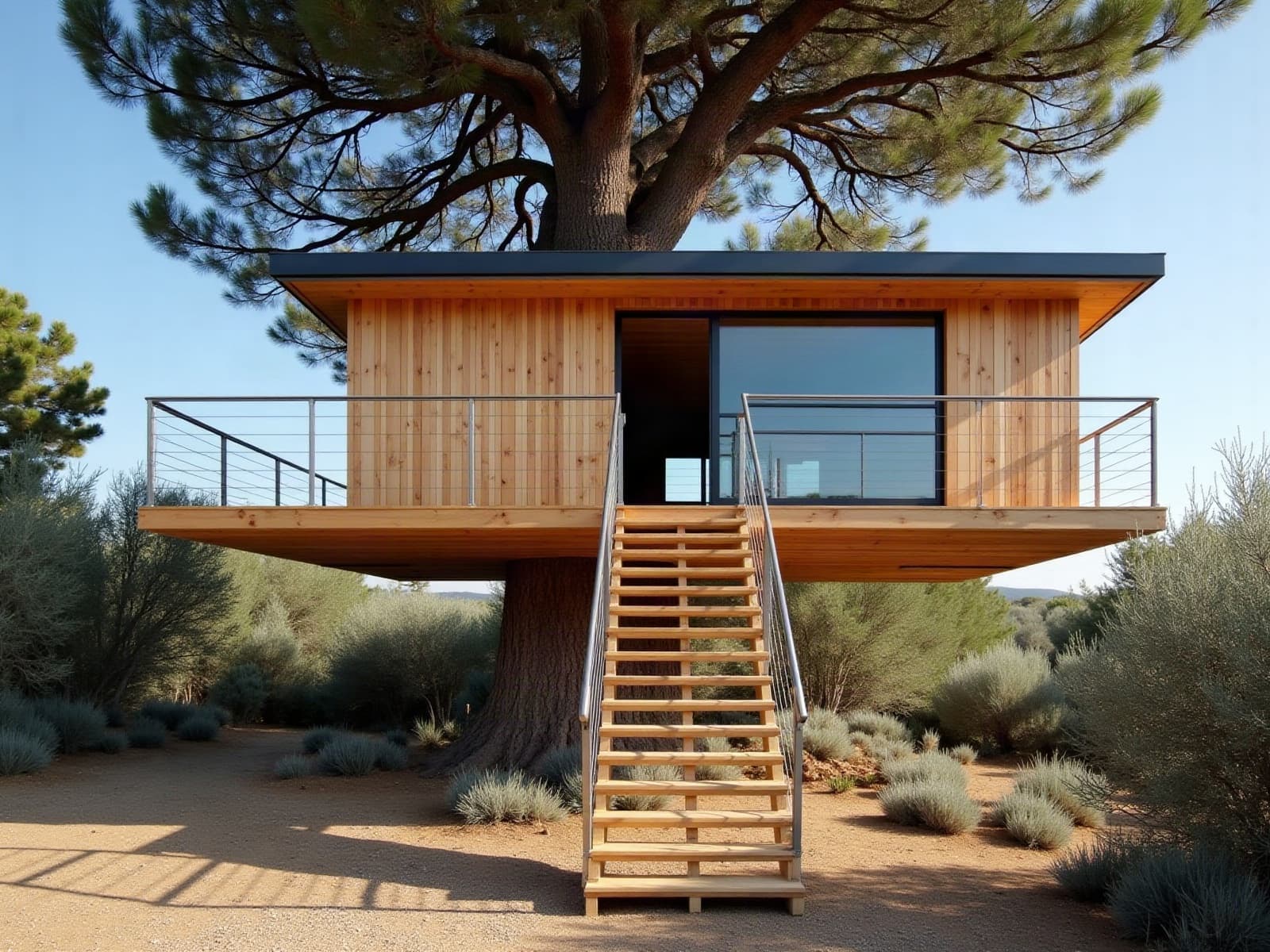 Cabane perchée contemporaine en mélèze posée sur le tronc d'un grand pin parasol et deux poteaux, au milieu de la garrigue provençale, escalier droit à câbles inox