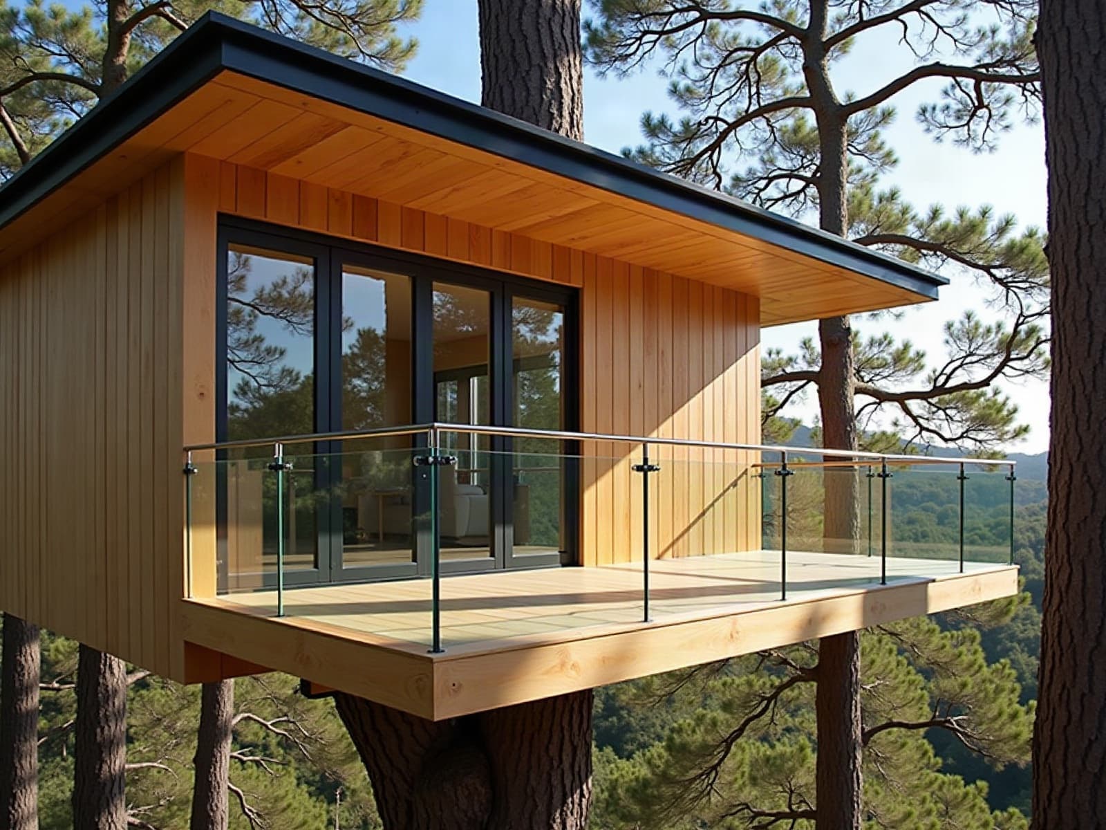 Terrasse vitrée d'une cabane perchée terminée entre de grands pins sur un coteau provençal