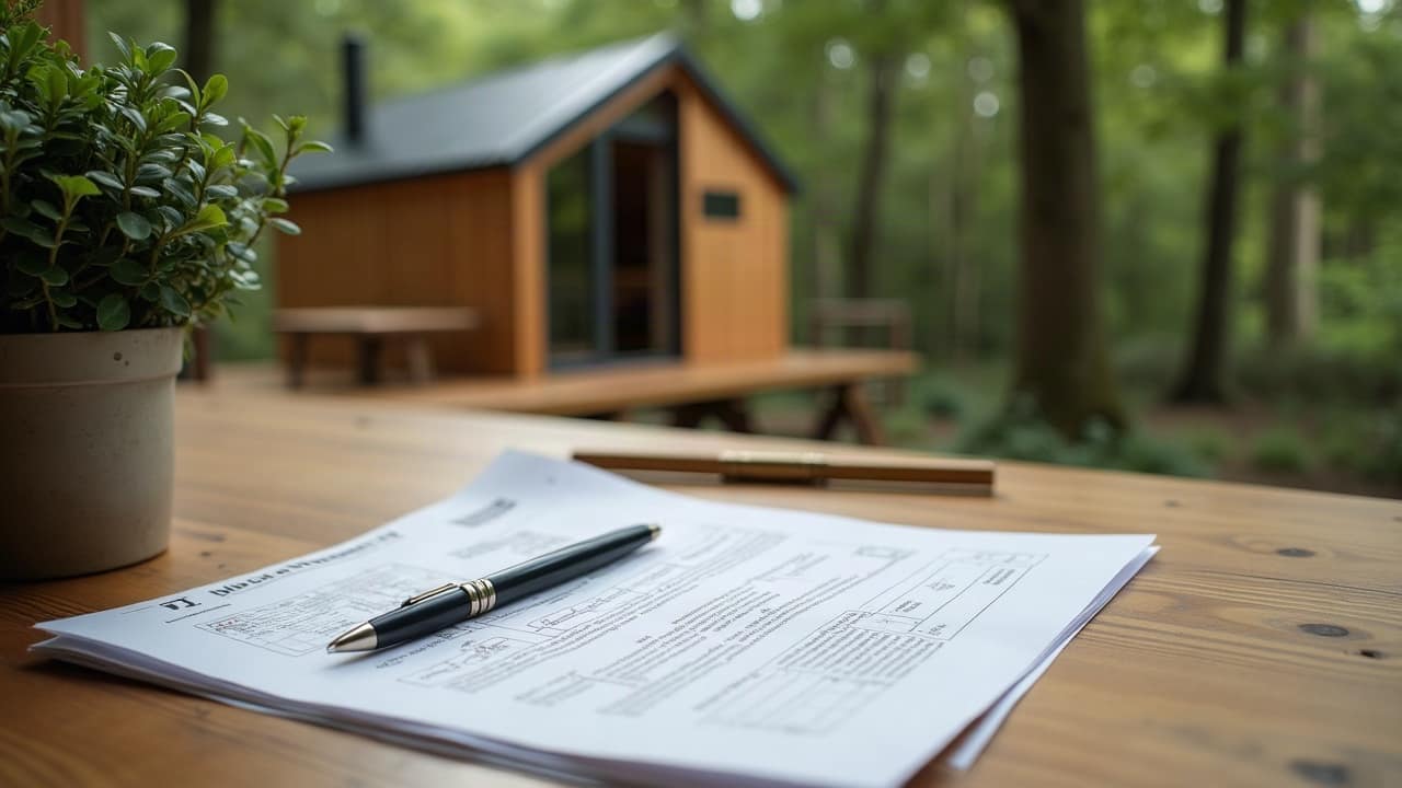 Document d'attestation d'assurance posé sur une table à côté de plans de cabane perchée, échange avant signature de devis, ambiance sobre