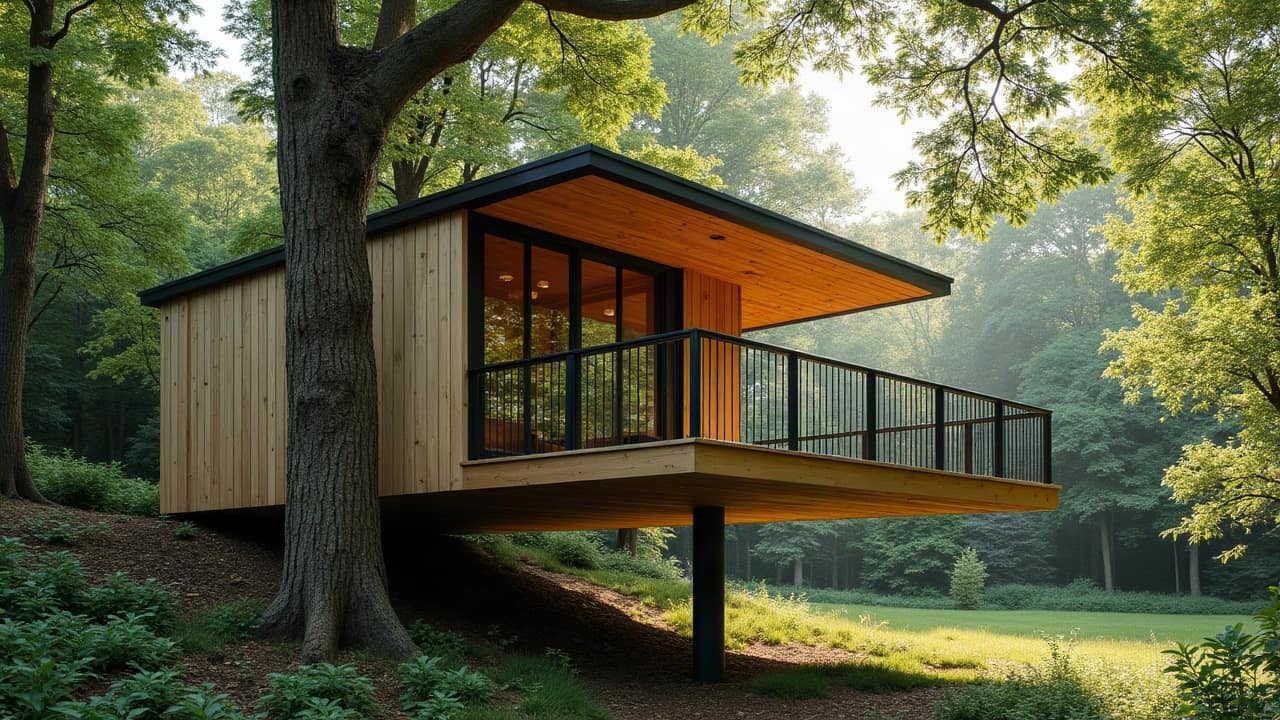 Cime d'un arbre adulte se balançant légèrement sous le vent, cabane perchée visible en contrebas dans un sous-bois lumineux