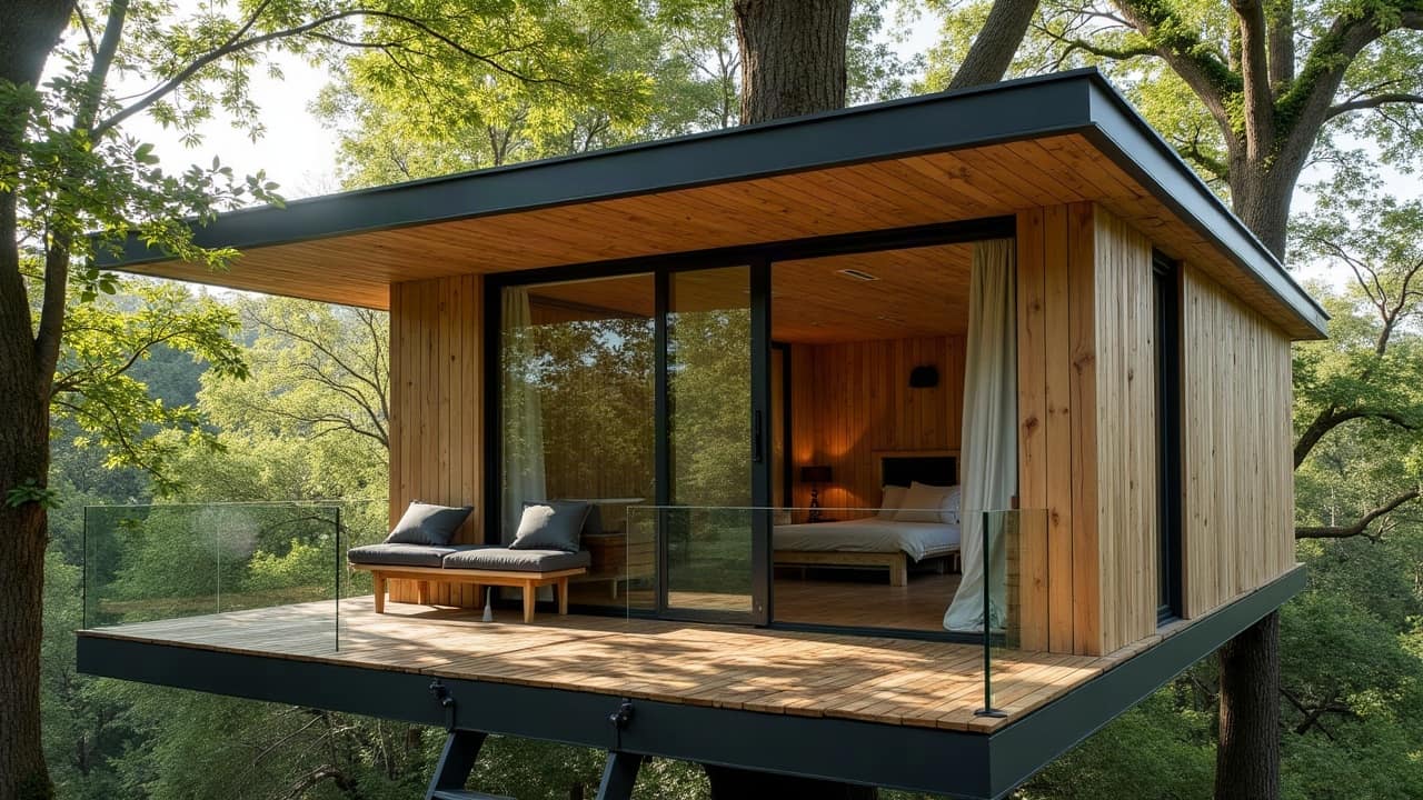 Vue intérieure d'une cabane perchée aménagée, grande baie vitrée donnant sur la cime d'un arbre en mouvement léger sous le vent