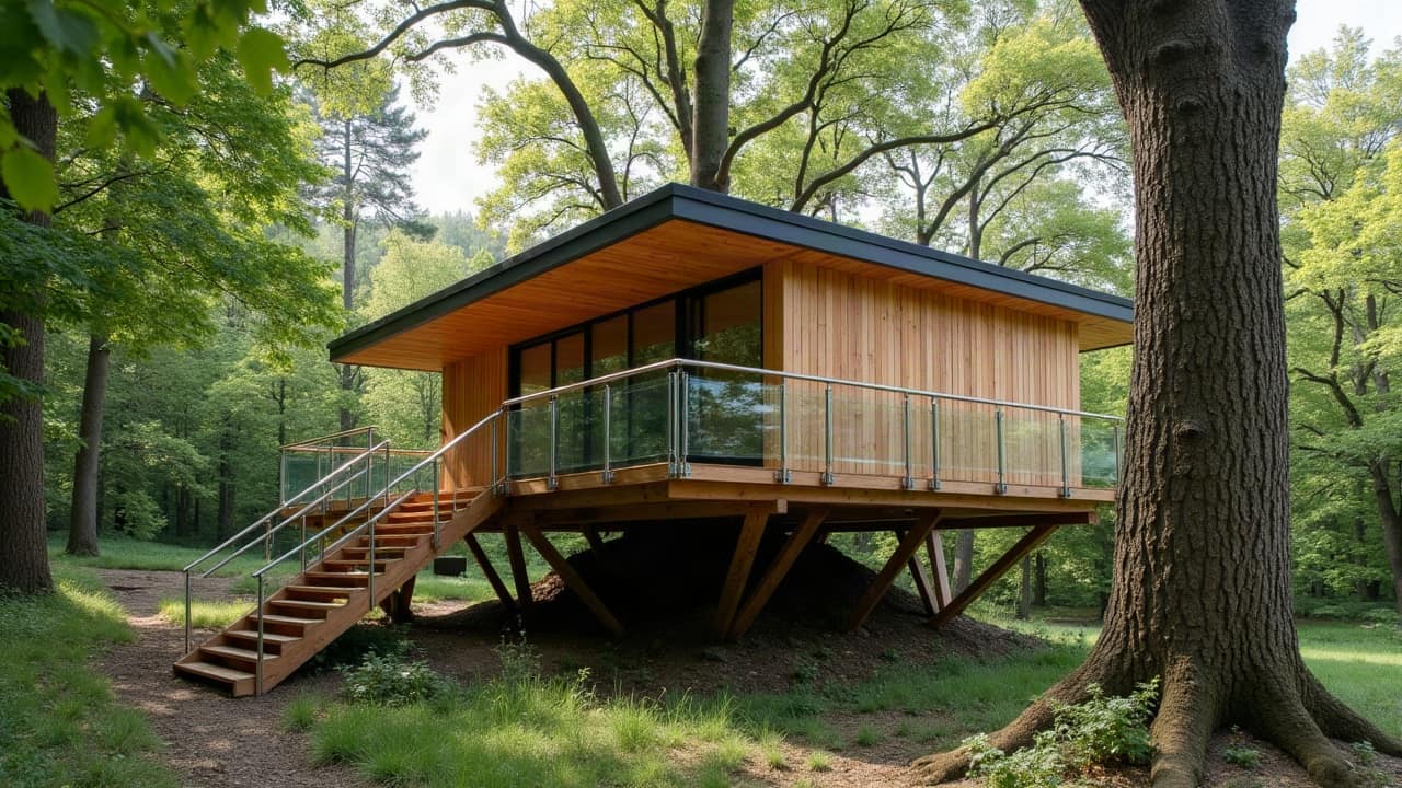 Bardage en claire-voie de mélèze naturel sur une façade de cabane perchée, lames verticales alignées et joints réguliers, lumière filtrée