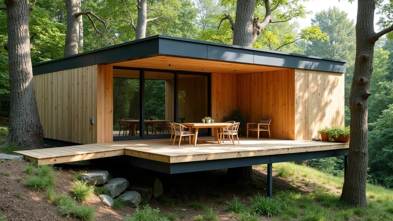Détail d'assemblage entre un bardage plein à recouvrement et une menuiserie aluminium noir mat sur une façade de cabane perchée moderne