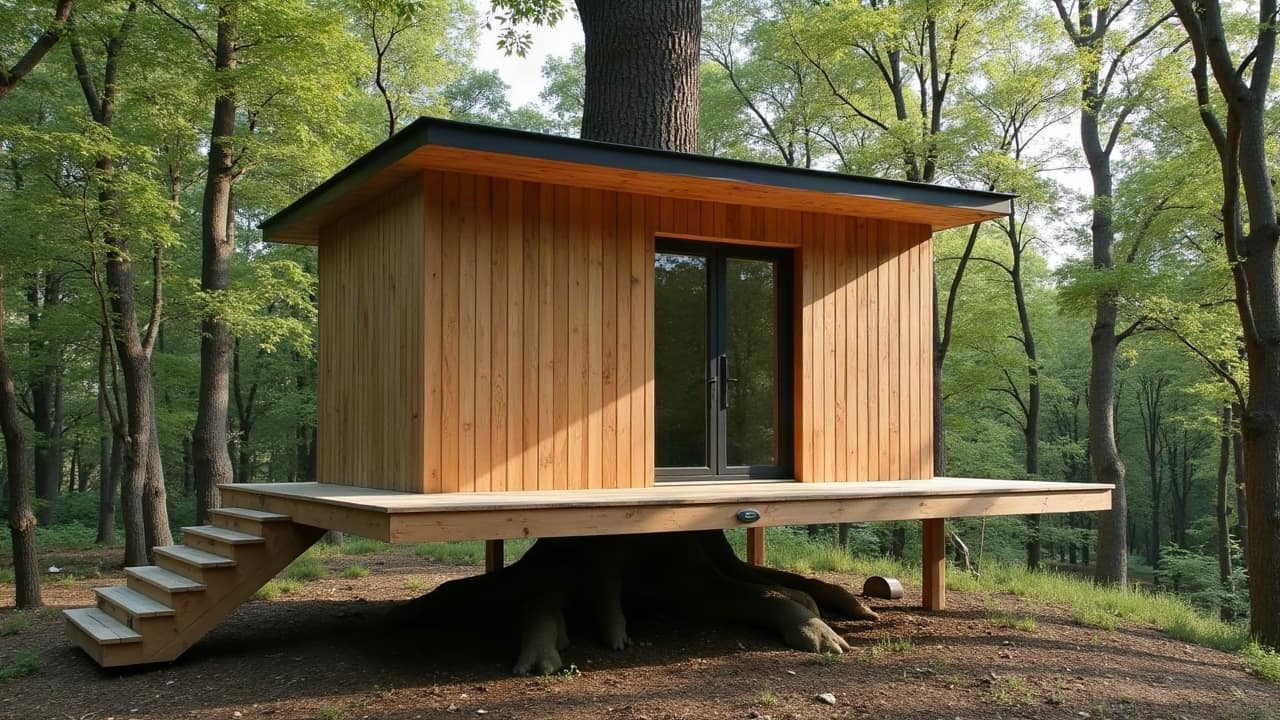 Pieds de pilotis en bois traité autoclave ancrés dans le sol au pied d'une cabane perchée, structure propre et alignée