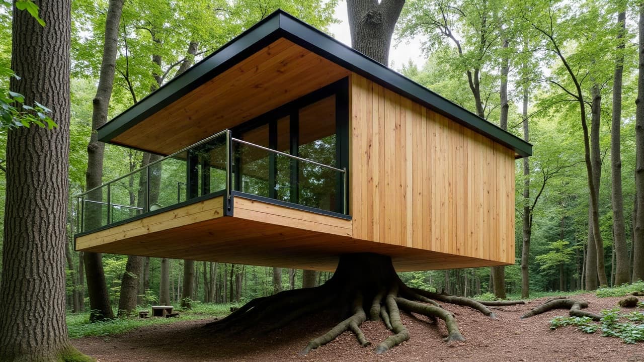 Détail d'une structure de pilotis en bois traité, teinte verdâtre caractéristique du traitement, base de cabane perchée en cours de chantier