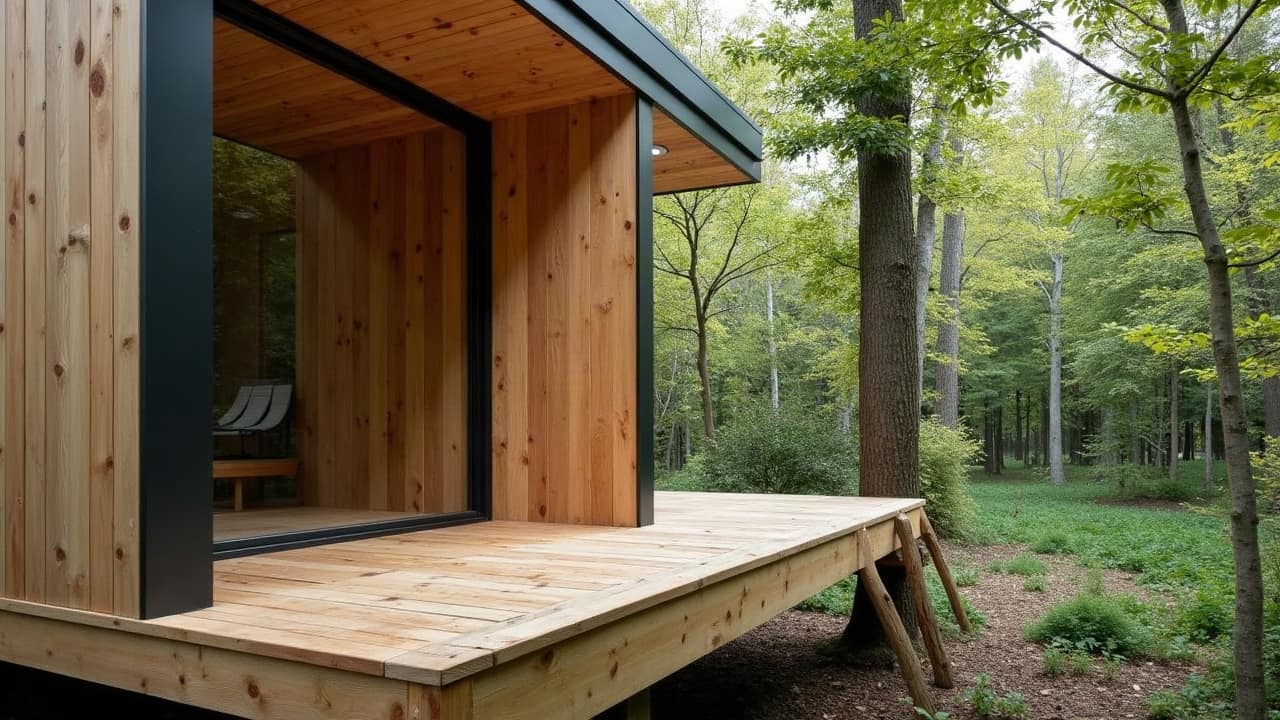Détail d'un assemblage bois avec protection contre le ruissellement, about de poutre incliné pour évacuer l'eau, structure de cabane perchée