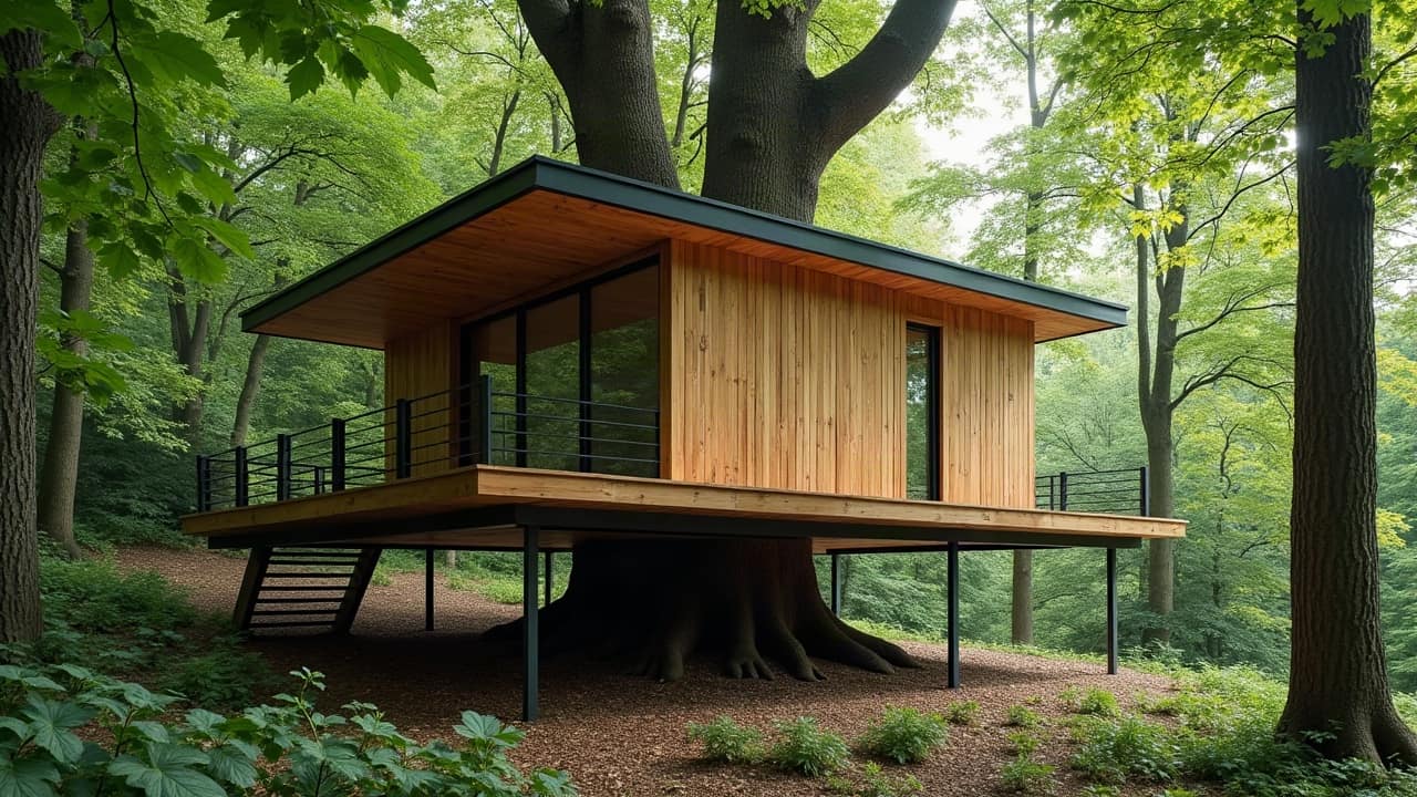 Cabane perchée sous une frondaison dense, bardage bois sain et bien entretenu malgré l'ombre portée du couvert végétal