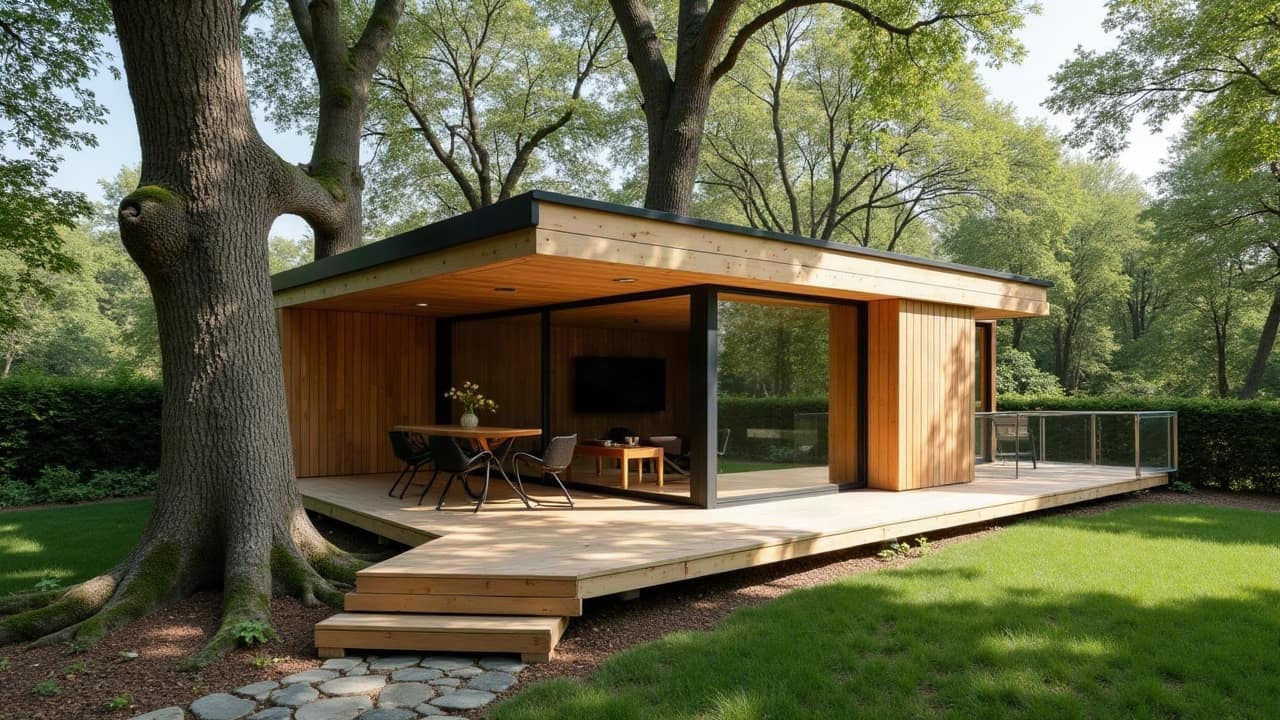 Chantier fini d'une cabane perchée avec sa passerelle d'accès en bois, vue d'ensemble depuis le jardin montrant l'intégration au terrain