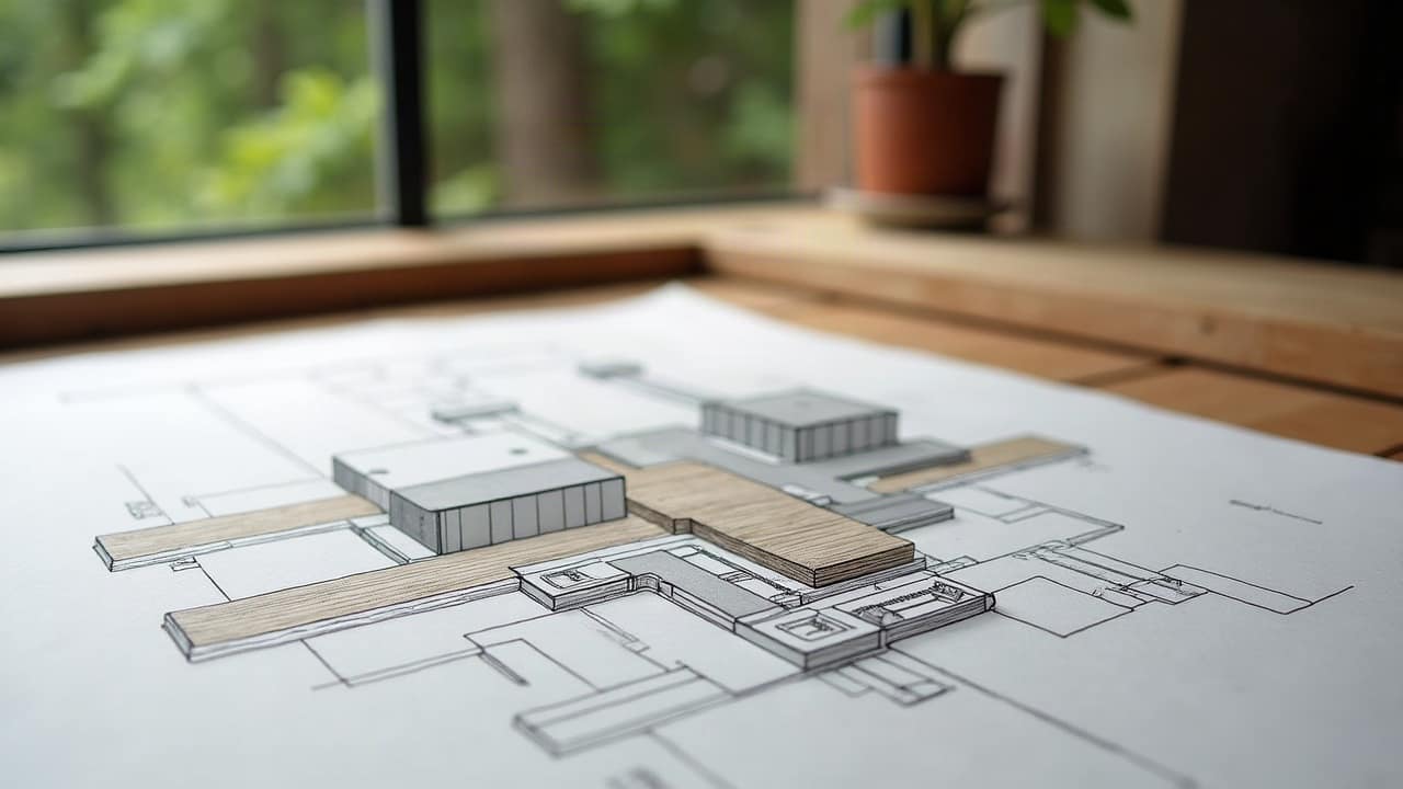 Détail d'un devis détaillé de construction posé sur une table, postes distincts pour structure, accès et finitions, sans montant visible