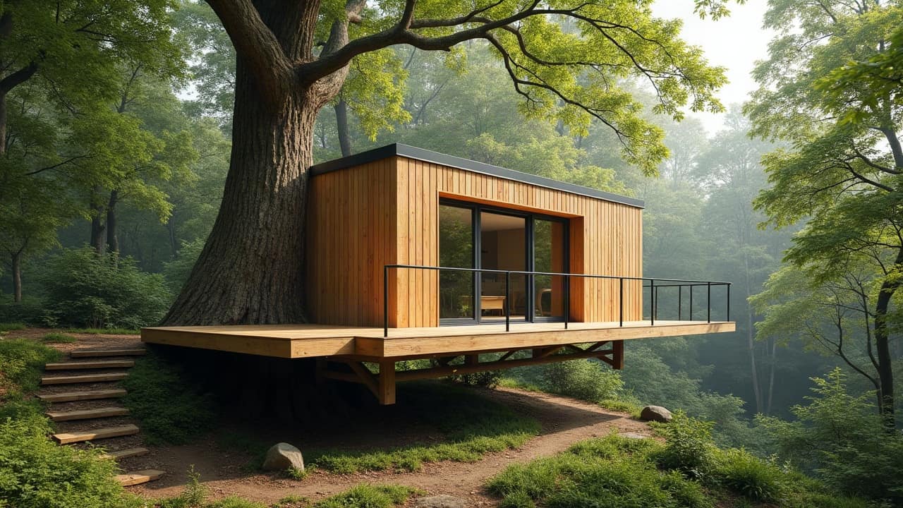 Cabane perchée en structure achevée mais non encore aménagée intérieurement, plateforme et bardage terminés, prête pour une phase suivante