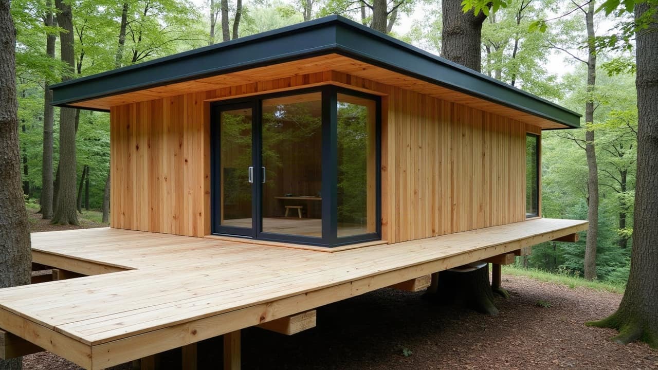 Aménagement intérieur d'une cabane perchée en cours d'installation, isolation et réseau électrique posés lors d'une phase ultérieure de chantier