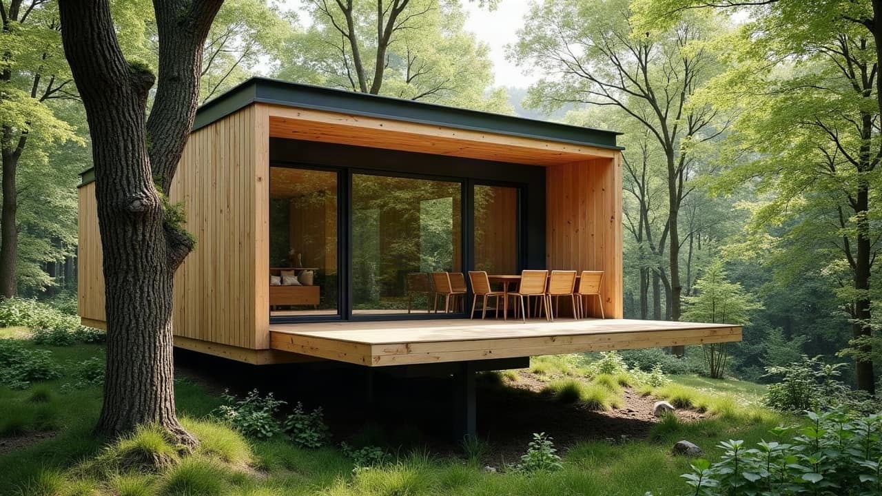 Cabane perchée implantée en retrait dans un jardin arboré, intégration paysagère soignée préservant l'intimité des parcelles voisines