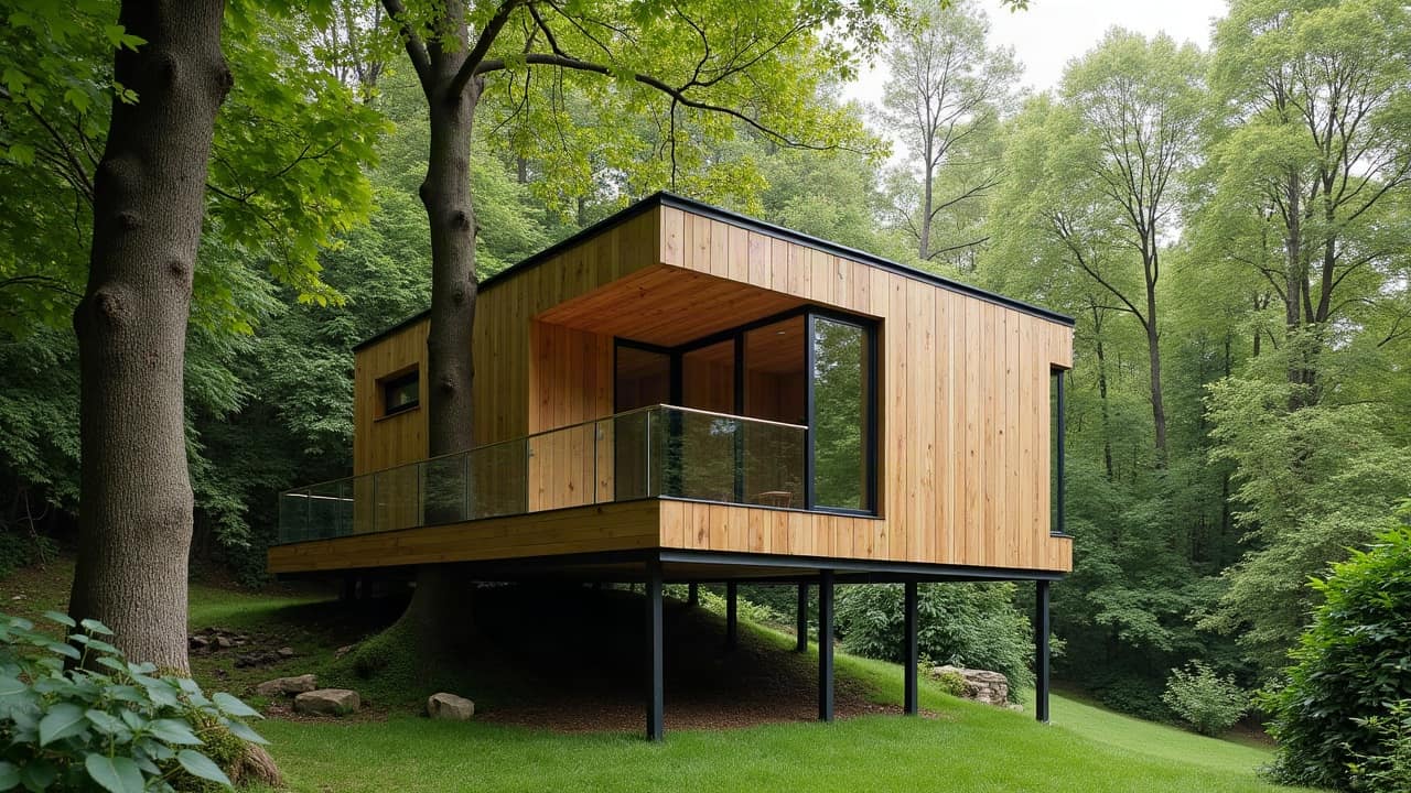 Vue depuis une parcelle voisine d'un jardin arboré avec une cabane perchée discrètement intégrée au feuillage, aucune vue directe gênante