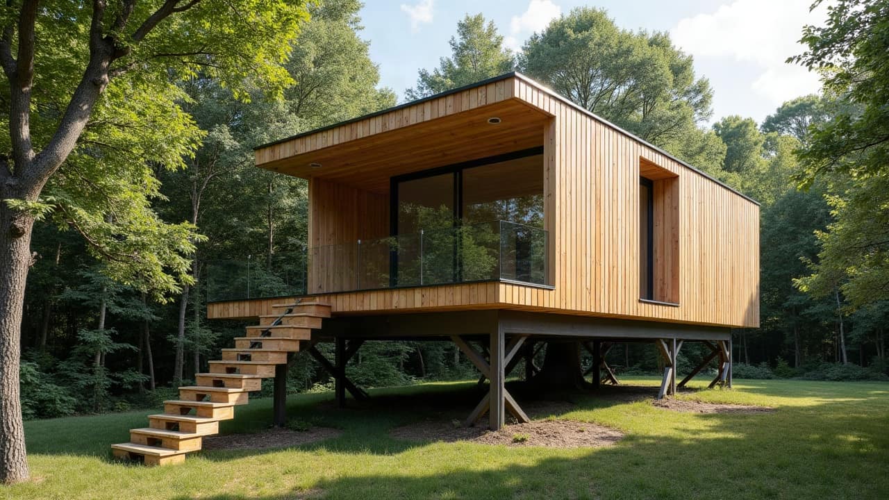 Cabane perchée entièrement posée sur des pilotis élancés au milieu d'une futaie de chênes, structure bois contemporaine terminée