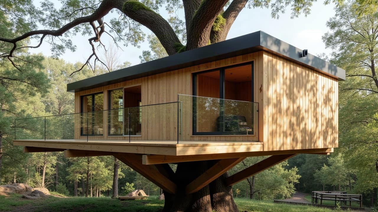 Détail d'assemblage bois entre une plateforme sur pilotis et un point d'ancrage sur un tronc d'arbre, structure mixte en chantier fini