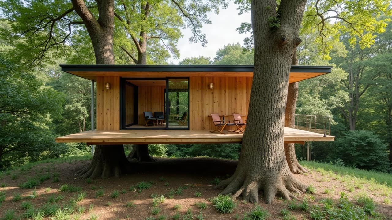 Cabane perchée reposant sur deux troncs de chênes voisins, structure bois moderne intégrée entre les deux arbres, chantier terminé