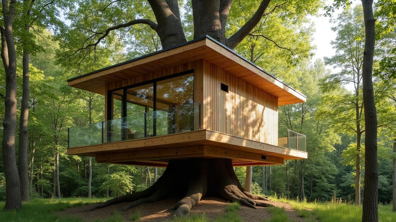 Détail d'un point d'ancrage mobile entre une plateforme de cabane perchée et un second tronc d'arbre, jeu de mouvement visible
