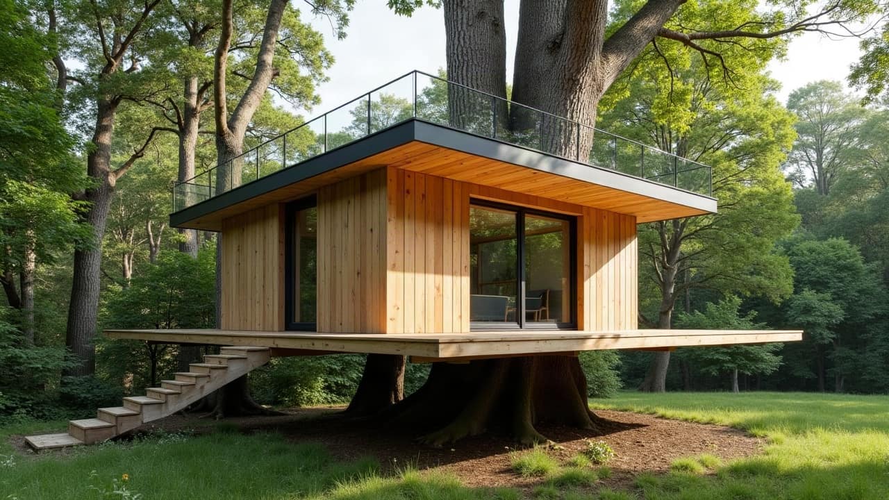 Détail d'un assemblage de solives en douglas massif sur une plateforme de cabane perchée, structure dimensionnée et alignée