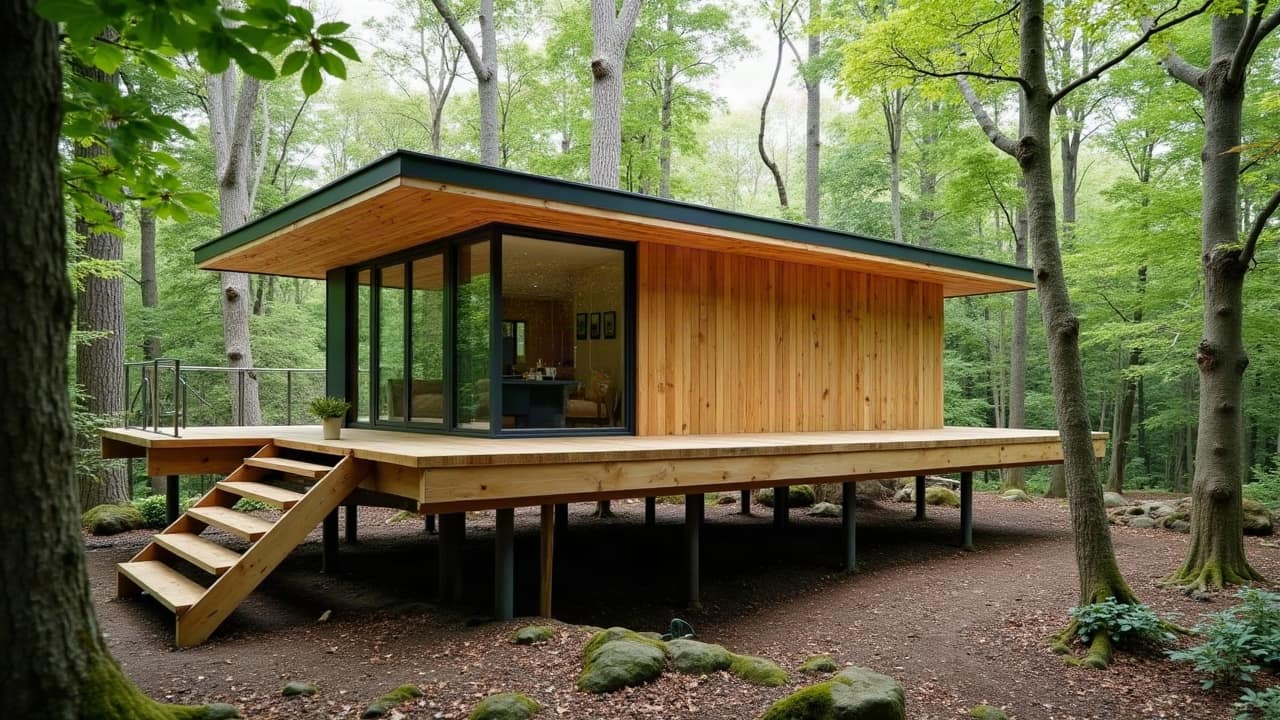 Vue d'une plateforme de cabane perchée en cours de construction, structure renforcée localement pour un équipement lourd, chantier organisé