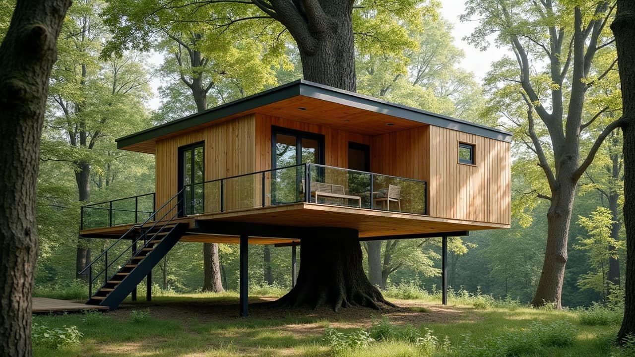 Cabane perchée bien intégrée sur un arbre adulte en pleine santé, feuillage dense et tronc vigoureux plusieurs années après la construction