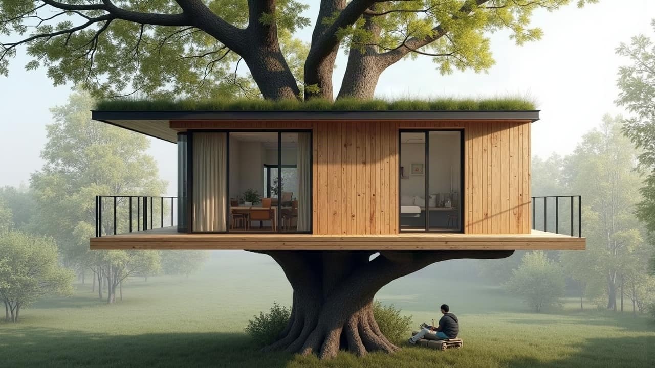 Croquis d'implantation d'une cabane perchée dessinés à partir des données d'un diagnostic d'arbre porteur, plans techniques sur table