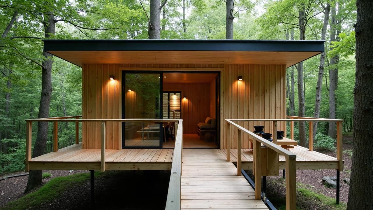 Éclairage discret intégré au garde-corps d'une passerelle en bois menant à une cabane perchée, lumière basse orientée vers le platelage