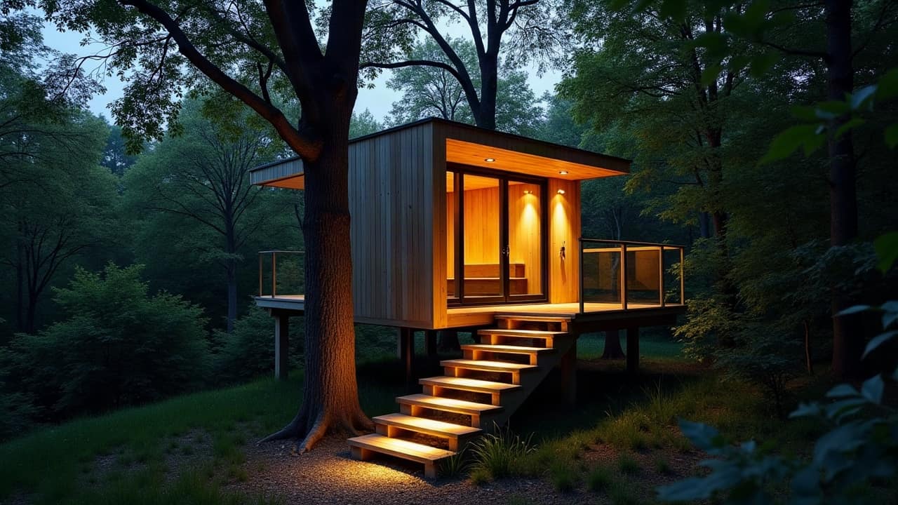 Escalier en bois menant à une cabane perchée la nuit, éclairage bas et discret guidant le passage sans illuminer le sous-bois environnant