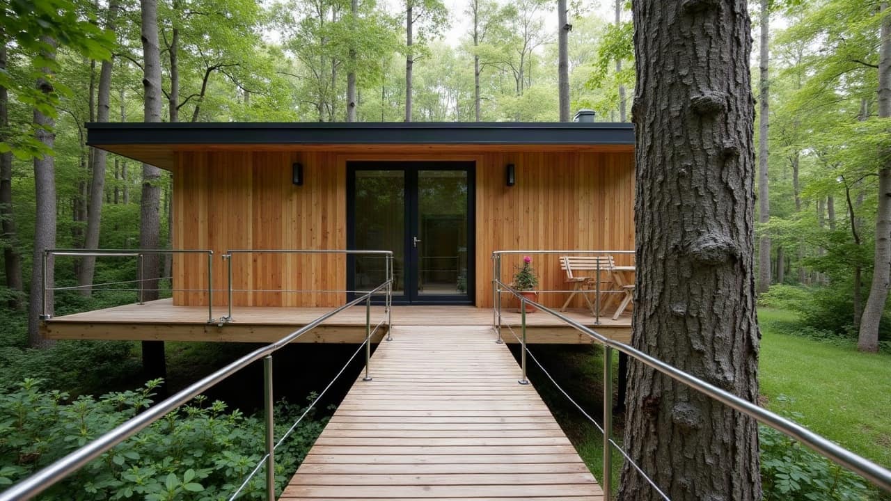 Câble électrique cheminant le long d'une passerelle en bois menant à une cabane perchée, fixation discrète et sécurisée