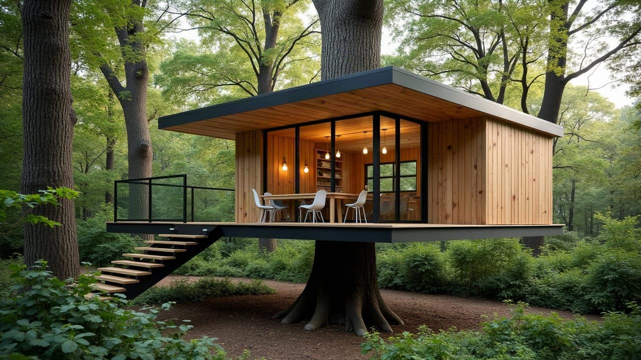 Tableau électrique compact intégré dans un aménagement intérieur en bois de cabane perchée, installation propre et sécurisée