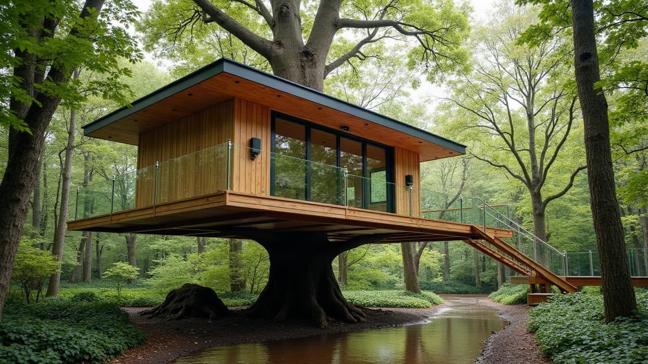 Contrôle d'un point de fixation sur un tronc d'arbre lors d'une visite de suivi, plateforme de cabane perchée visible en arrière-plan
