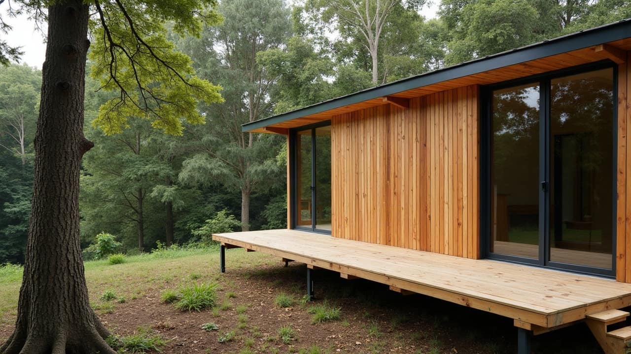 Détail du platelage extérieur d'une cabane perchée en mélèze, bois légèrement grisé par l'exposition mais parfaitement entretenu et sain