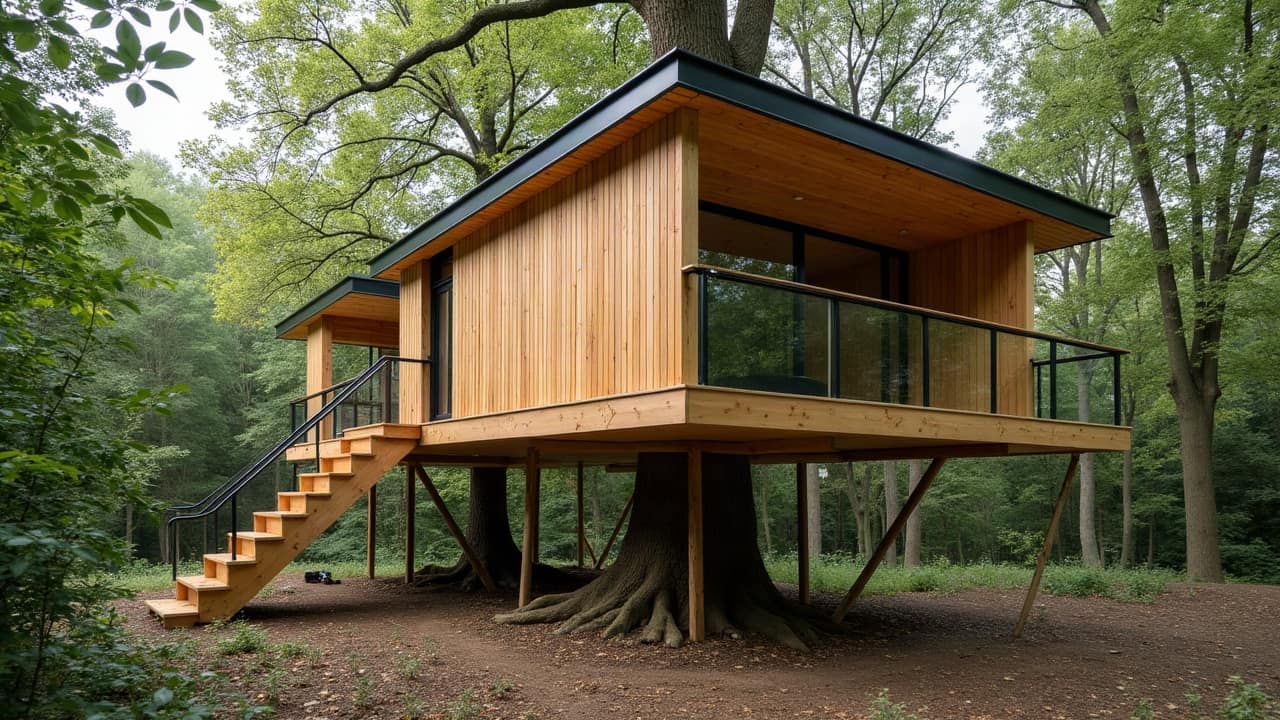 Charpente bois d'une cabane perchée en cours d'assemblage sur un arbre porteur, structure ouverte, chantier propre et organisé