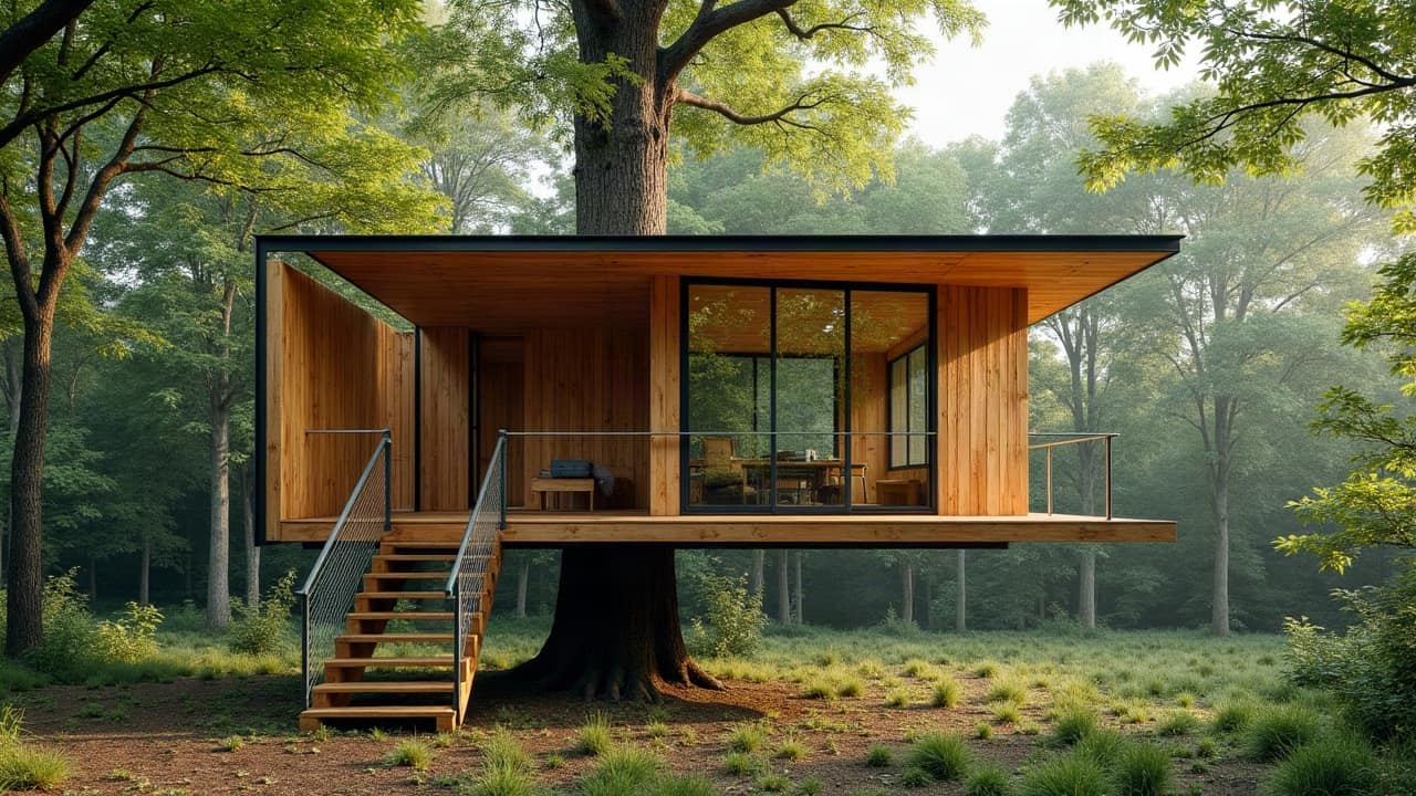 Vue d'une cabane perchée terminée avec sa passerelle d'accès intégrée dès la conception, structure cohérente et achevée