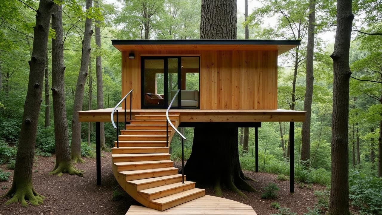 Escalier hélicoïdal en bois enroulé autour d'un mât central, menant à une cabane perchée, structure compacte entre les arbres
