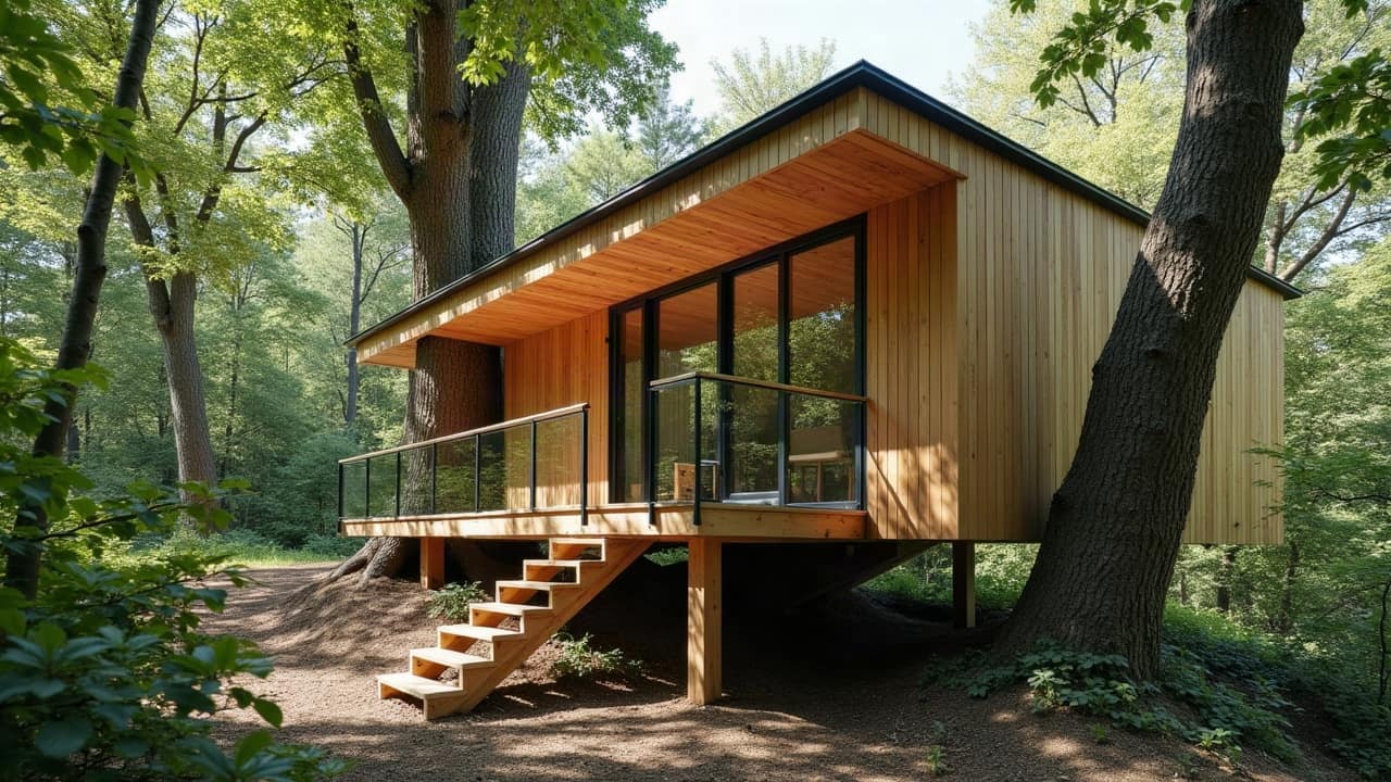 Détail du garde-corps suivant la courbe d'un escalier hélicoïdal en bois, structure fine et continue, chantier fini