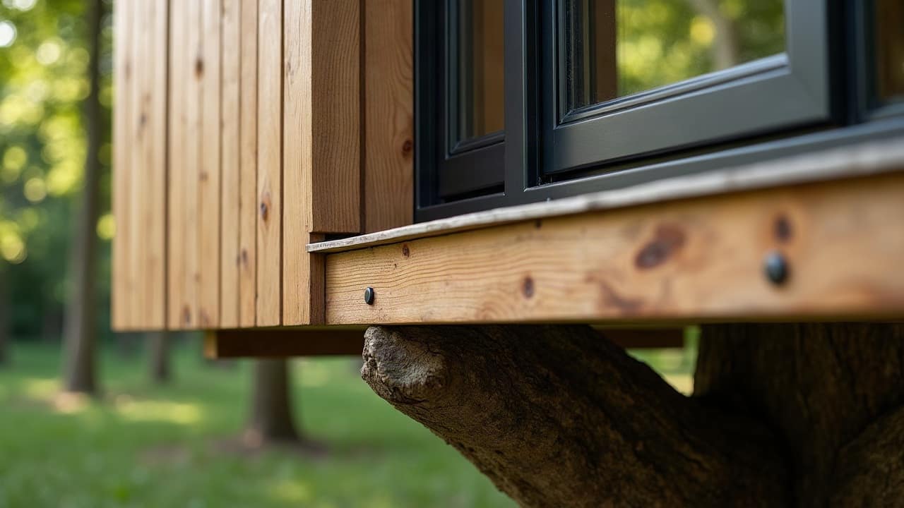 Détail d'un point d'ancrage métallique fixé sur un tronc de chêne adulte, jeu visible entre la pièce de fixation et l'écorce