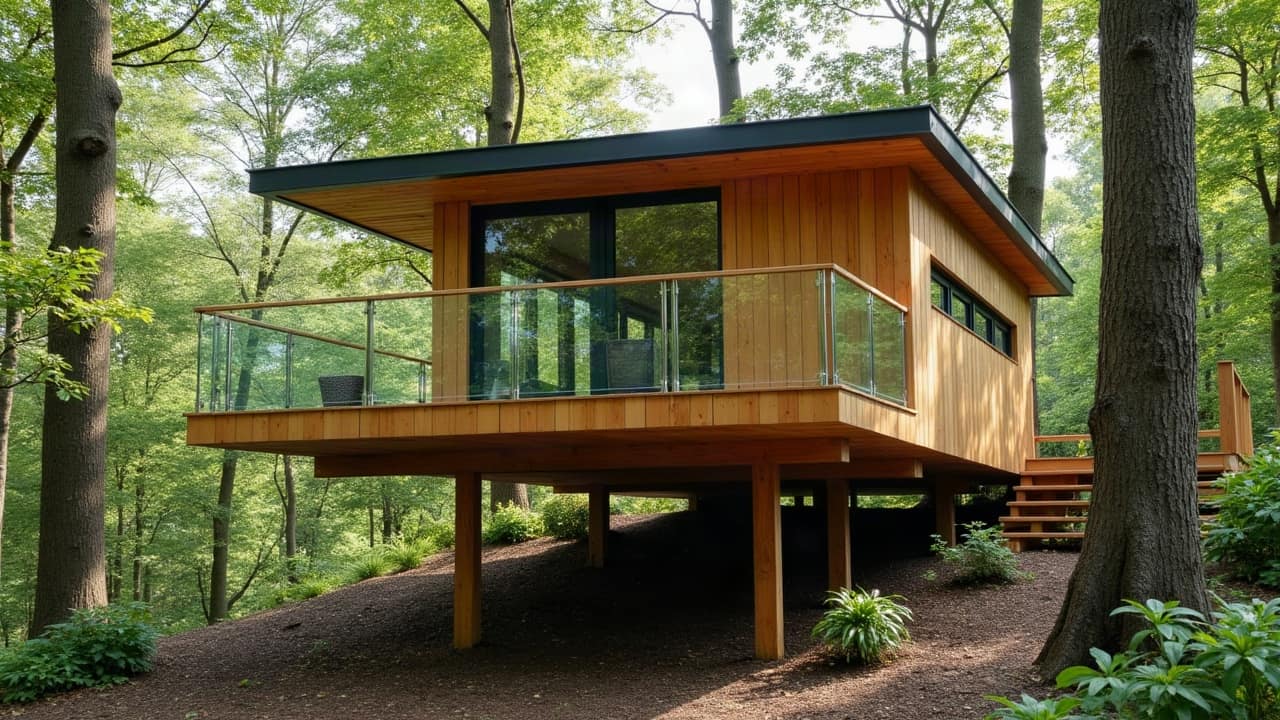 Garde-corps à câbles inox tendus sur une plateforme de cabane perchée, vue dégagée sur la frondaison environnante, chantier fini