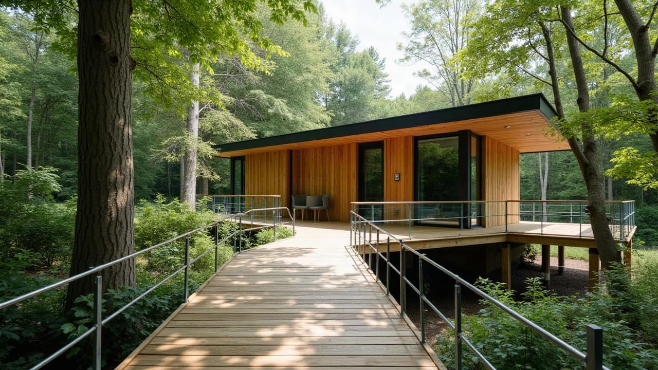 Garde-corps vitré transparent sur une passerelle d'accès menant à une cabane perchée moderne, structure et fixations soignées
