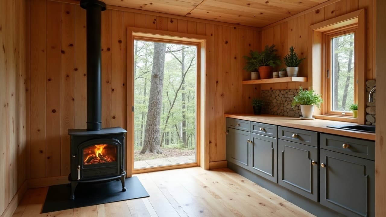Intérieur d'une cabane perchée aménagée avec parois en bois isolées, poêle compact et grande baie vitrée donnant sur la frondaison