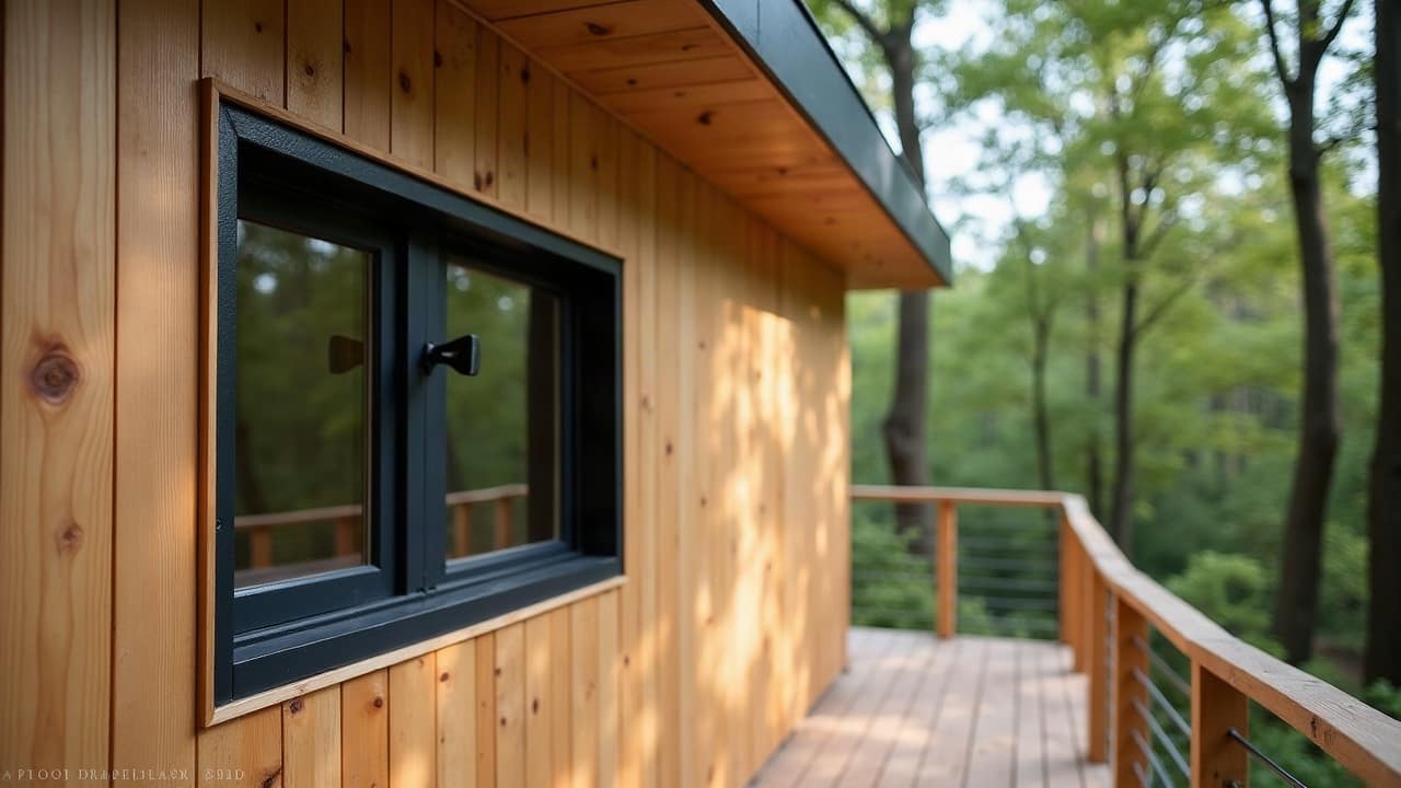Détail d'une grille de ventilation intégrée dans le bardage bois d'une cabane perchée, finition soignée et alignée