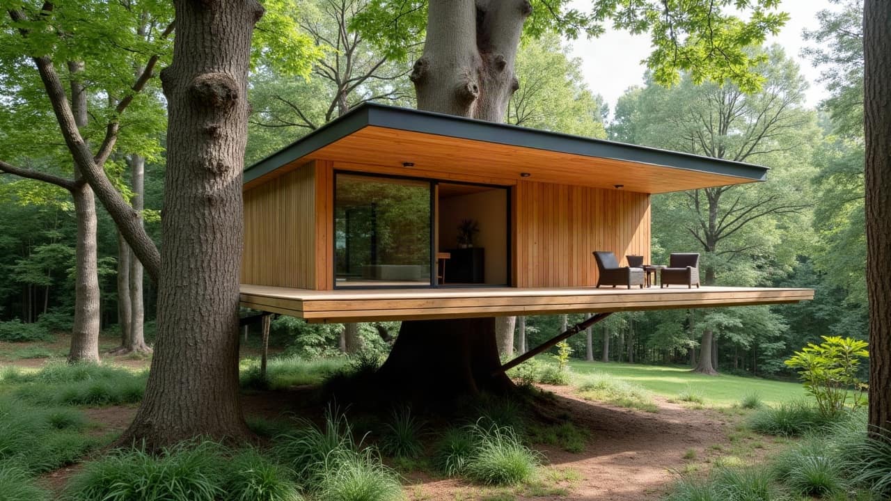 Aménagement intérieur sur mesure d'une cabane perchée, rangements intégrés sous une charpente inclinée, finitions bois soignées