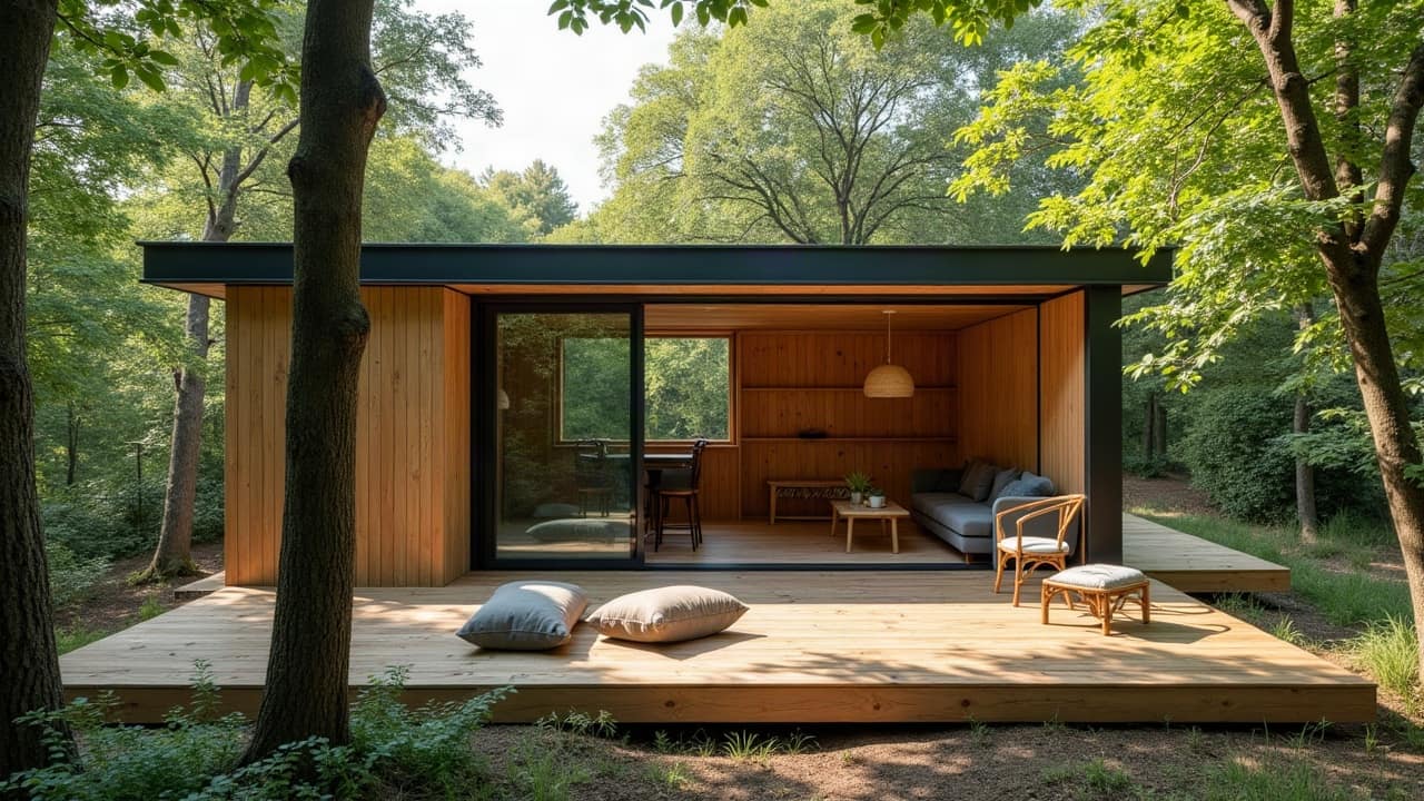 Intérieur d'une cabane perchée combinant mobilier standard et rangements sur mesure intégrés, ambiance chaleureuse et lumière naturelle