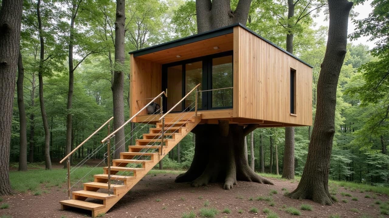 Escalier hélicoïdal en bois menant à une cabane perchée, structure compacte intégrée entre les troncs, chantier terminé